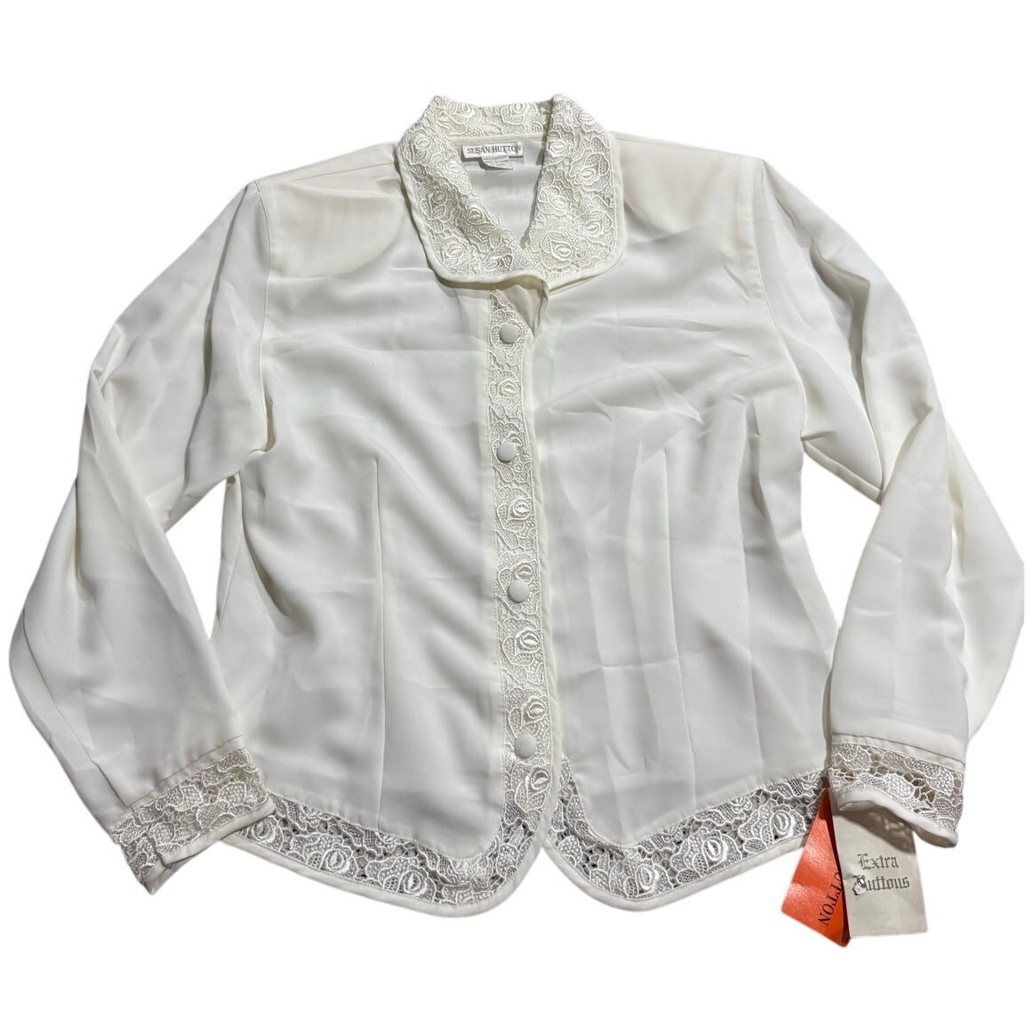 NWT VTG Susan Hutton Lace Blouse Button Up Womens Sz 12 White Secretary Academia