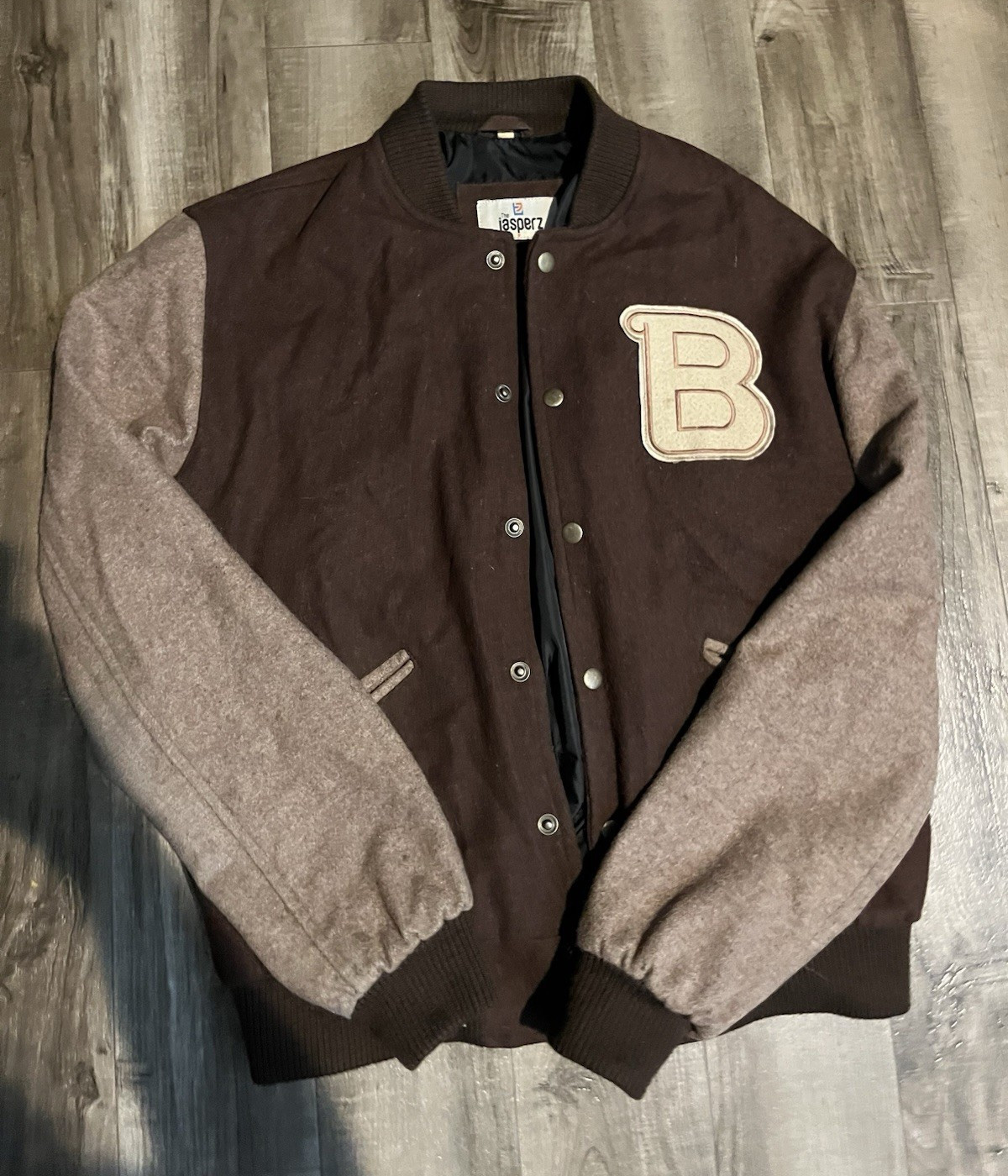 the jasperz Men’s L Brown/Tan Wool Snap-Front Varsity Jacket B Patch Miami