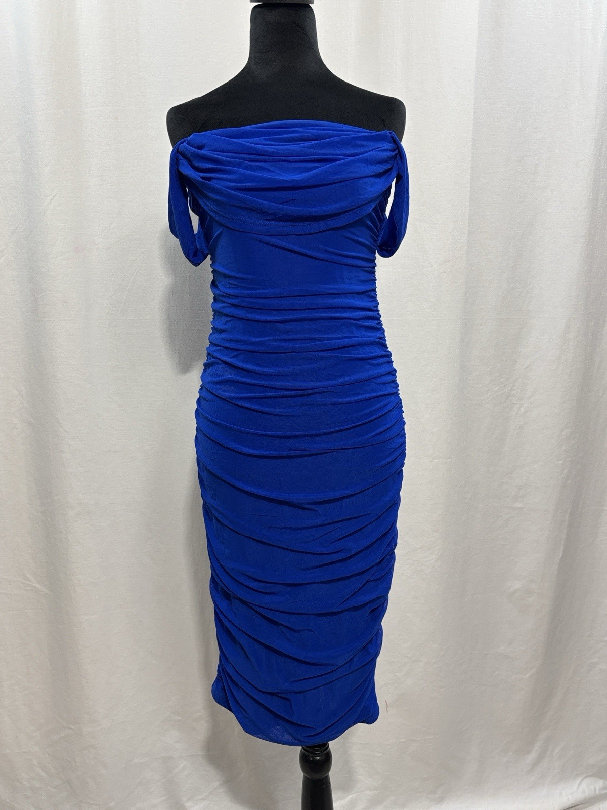 Off-Shoulder Ruched Midi Dress in Bright Blue formal wedding prom trendy party