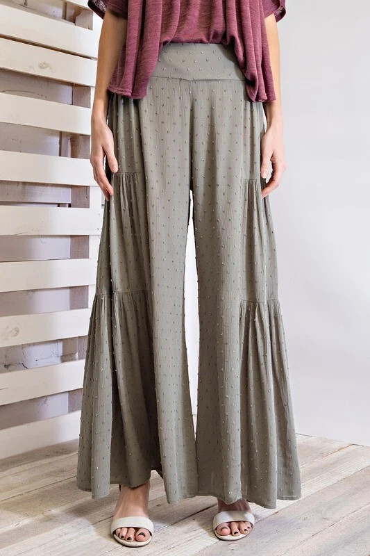 NWT S EASEL FADED OLIVE “ANY SEASON” SWISS DOT Tiered WIDE LEGS PANTS BHCS
