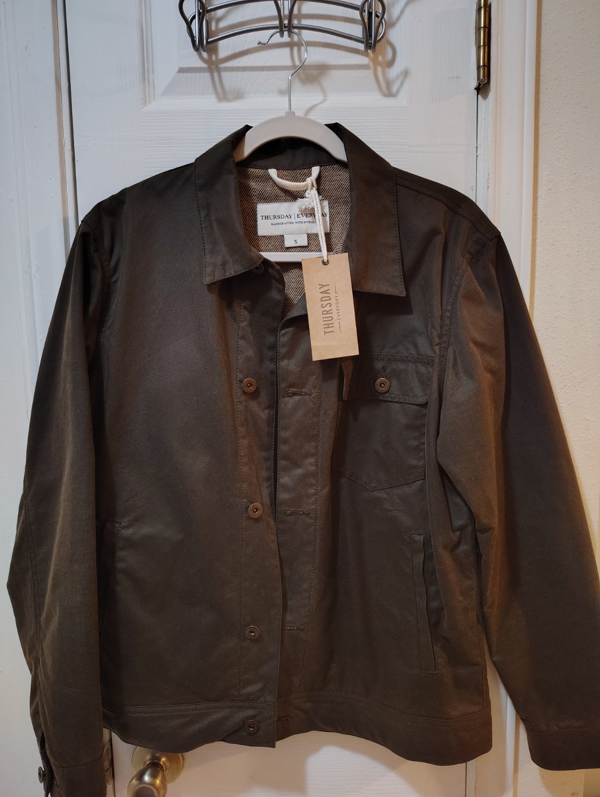 Thursday Men’s Brown Wax Jacket Button Closure Point Collar Regular Fit Size S