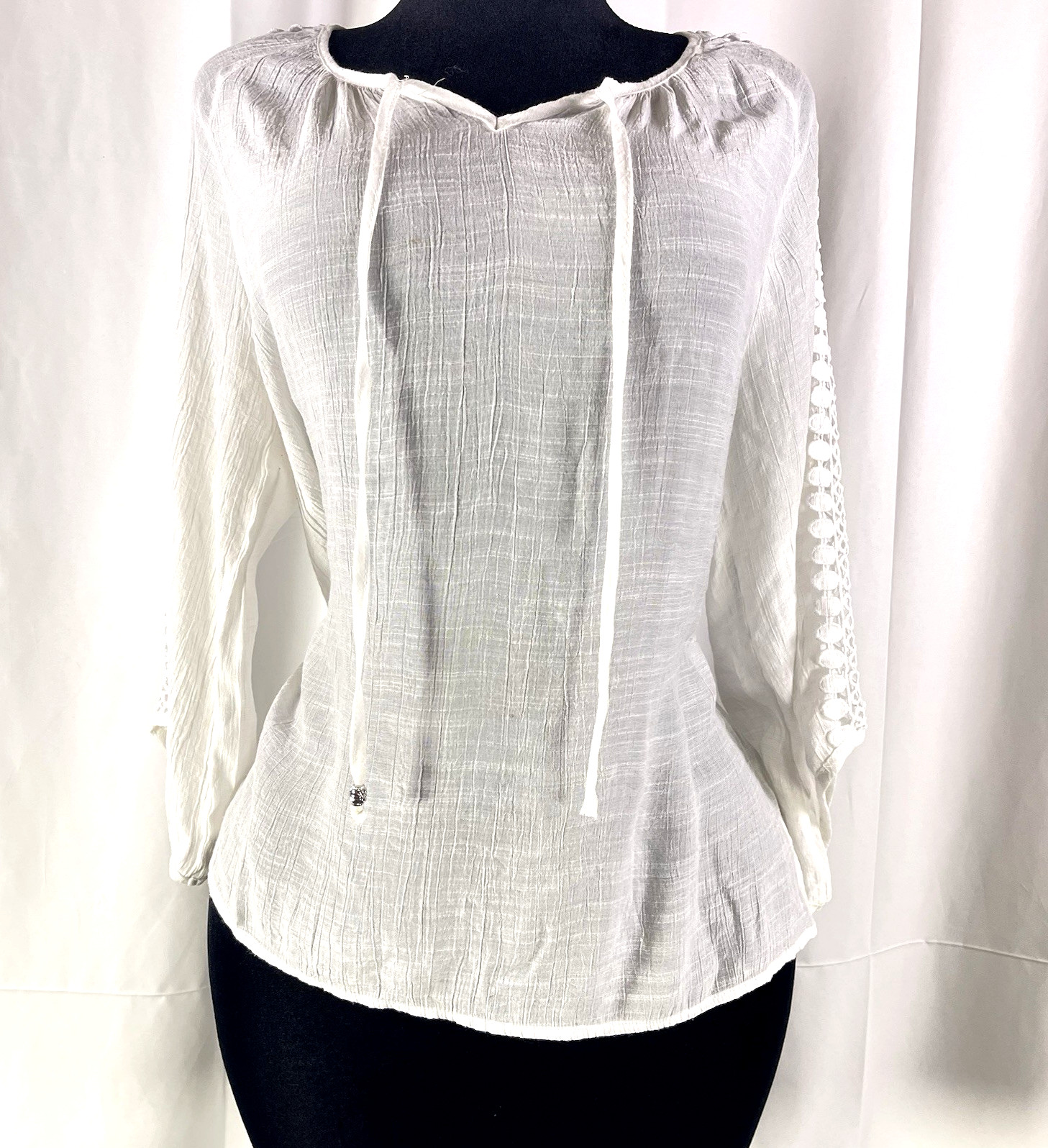 Always Indigo Women’s 1X White Gauze Peasant Blouse Crochet Lace Boho Top