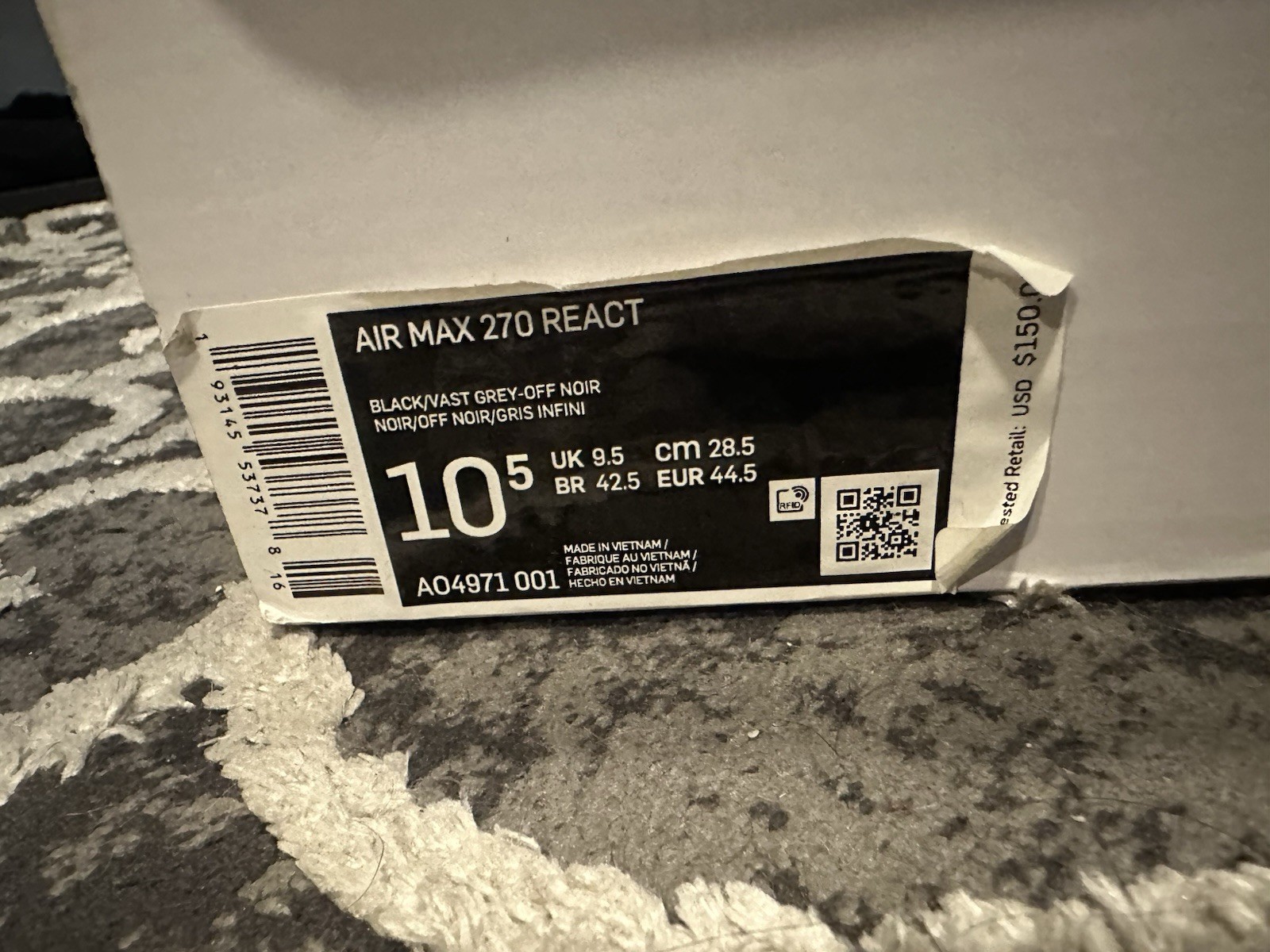 Size 10.5 – Nike Air Max 270 React Black White w/Box