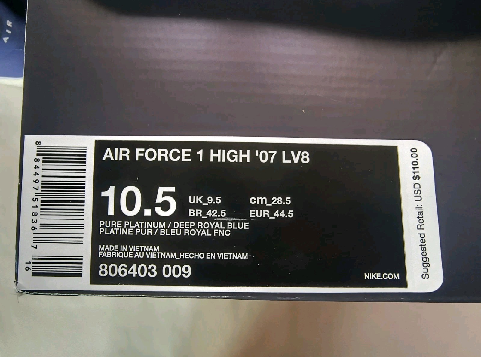 NEW Nike Air Force 1 High 07 Lv8 Platinum Deep Royal Blue 806403 009 NIB Sz 10.5