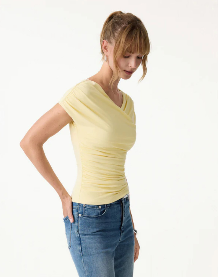 Oglmove SkinKiss Surplice V-Neck Ruching Bra Top, Butter Yellow Color, New