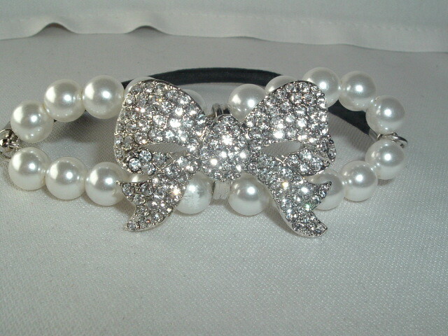 WEDDING BRIDAL FAUX PEARL & RHINESTONE BOW PONYTAIL HOLDER UP DO HAIR ACCESSORY