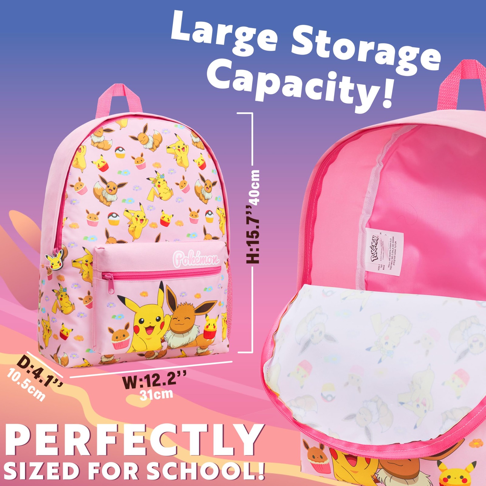 Pokemon Backpack for Kids Teens Boys Girls, Pikachu 16.1x13x4.7inch, Pink