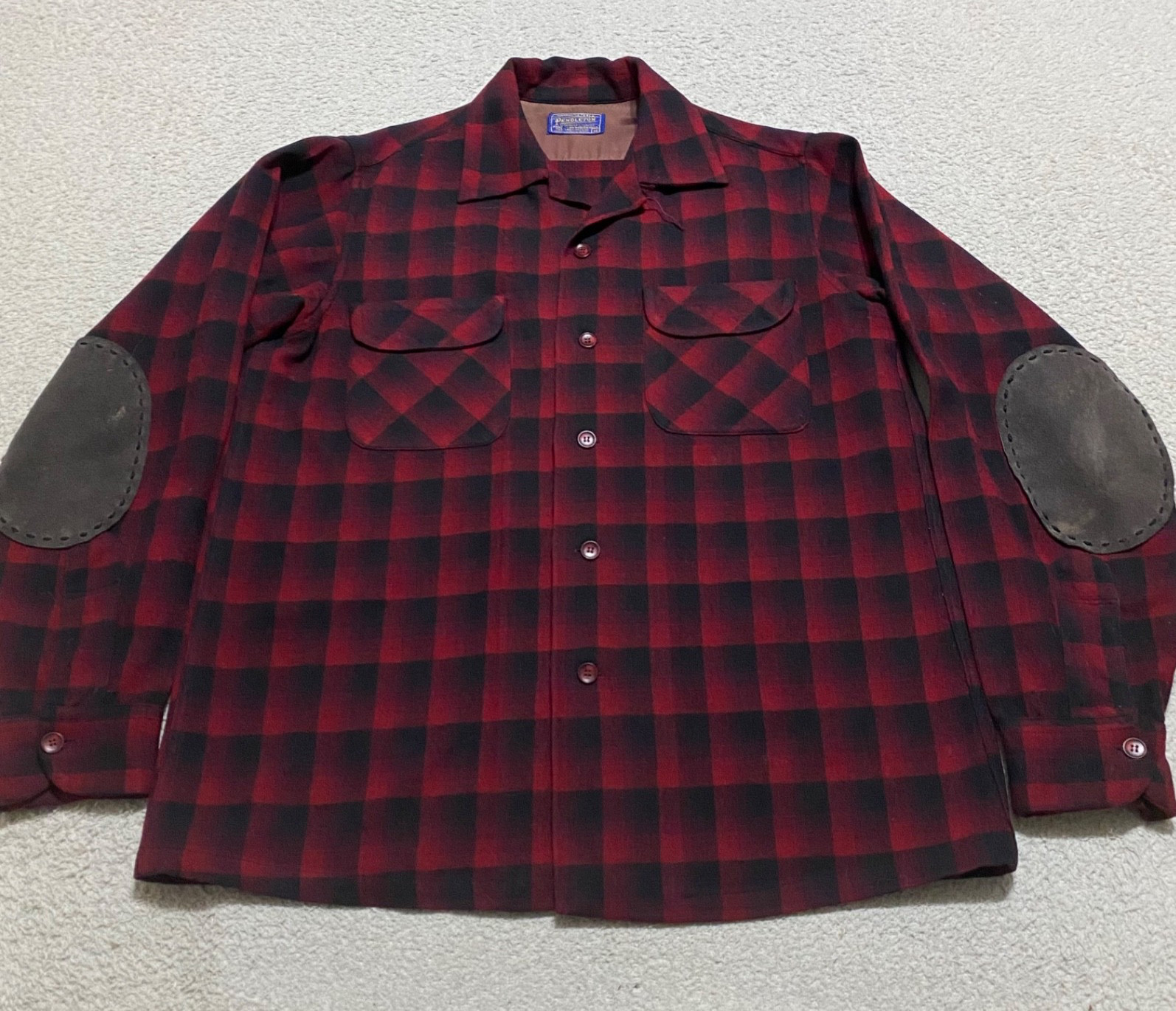 Pendleton Mens Medium Board Shirt Red Plaid Button Front Elbow Patches Wool