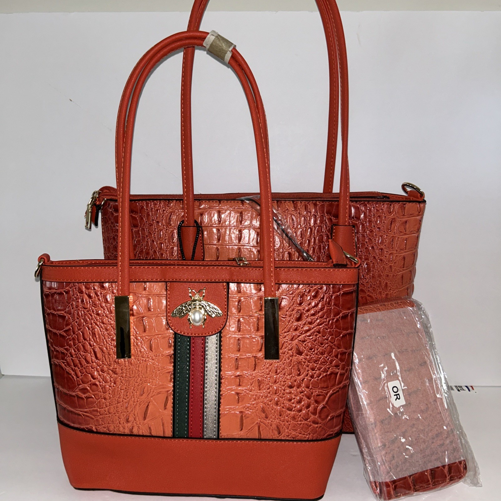 New Double Burnt Orange Women’s Croc Pattern Handbag Set with Wallet