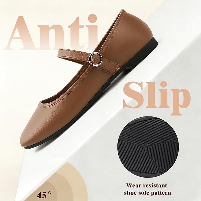 Mary Jane Flats Square Toe -Soft PU Brown Leather Ballet Shoes Slip On US 7