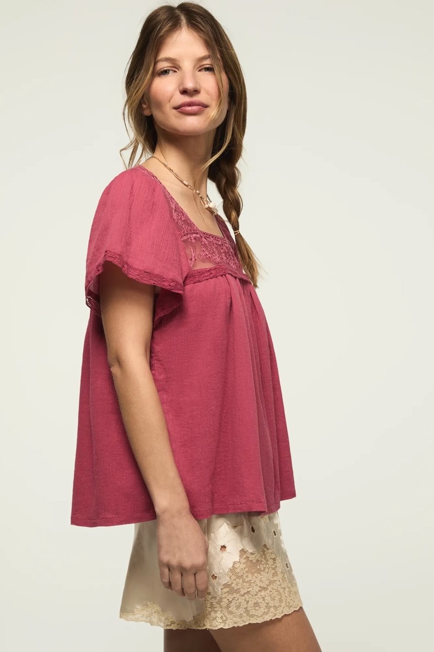 Lucky Brand Mesh Lace Square Neck Blouse Rose Wine Pink Women’s Large L