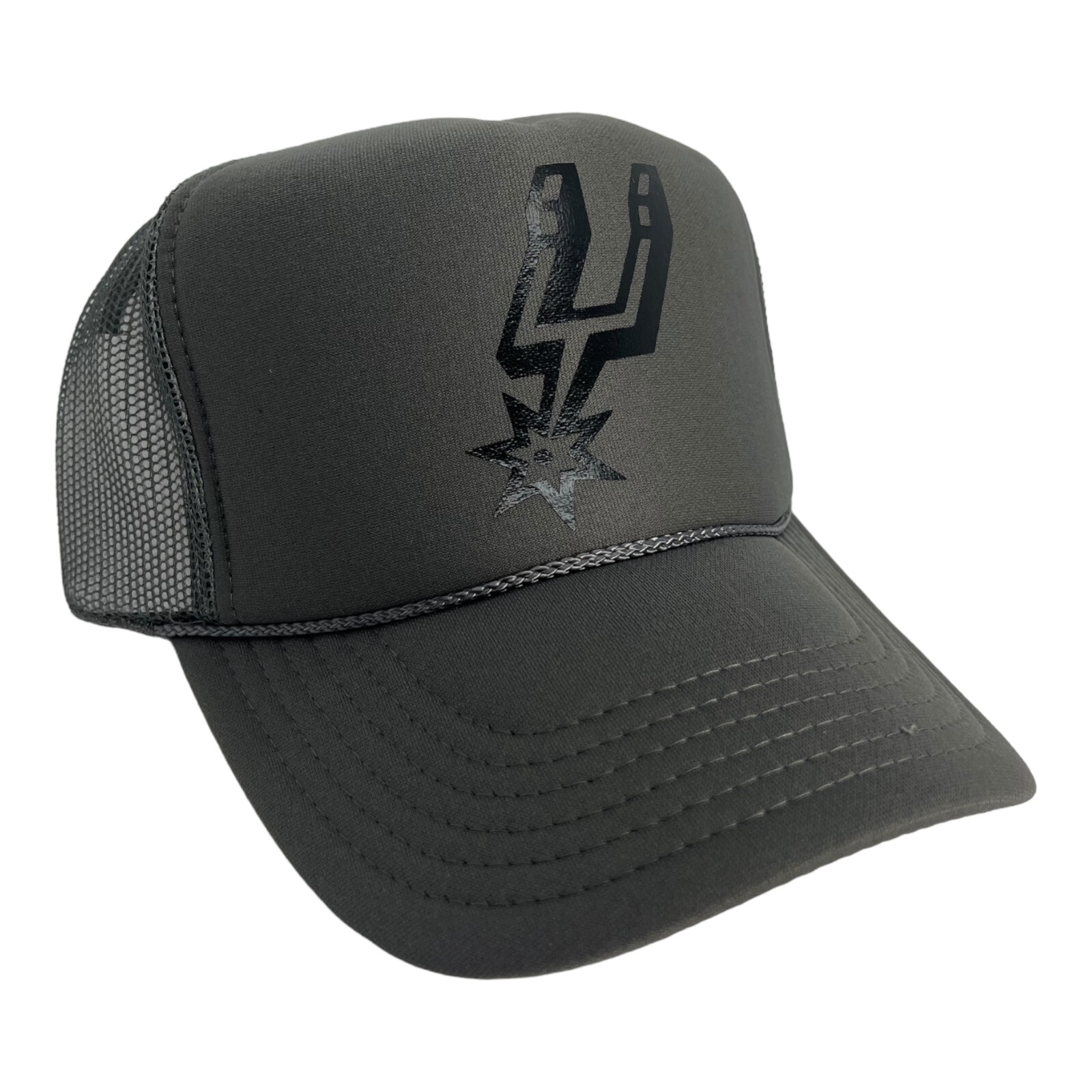 NEW SAN ANTONIO SPURS DARK GRAY HAT 5 PANEL HIGH CROWN TRUCKER SNAPBACK