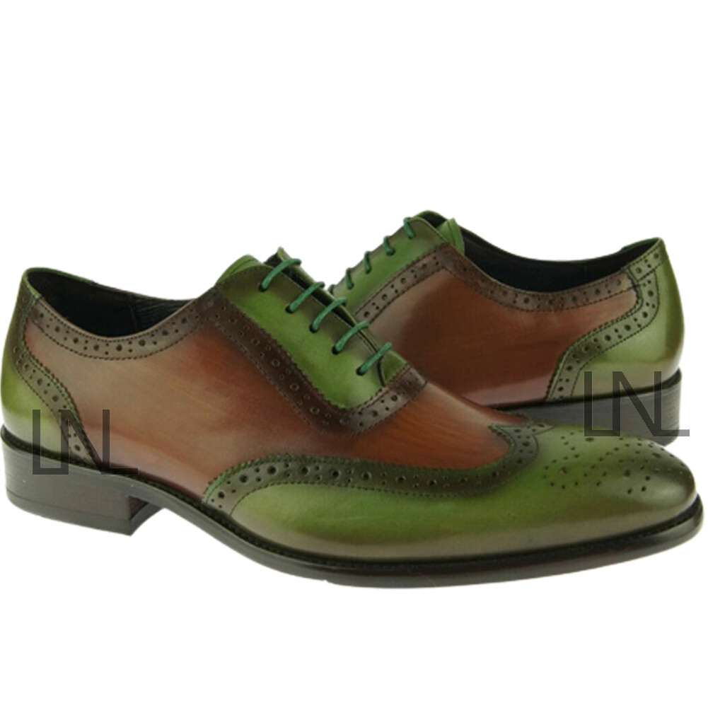 Handmade Men’s Two Tone Oxford Wing Tip Brogue Toe Genuine Leather Lace Up Shoes