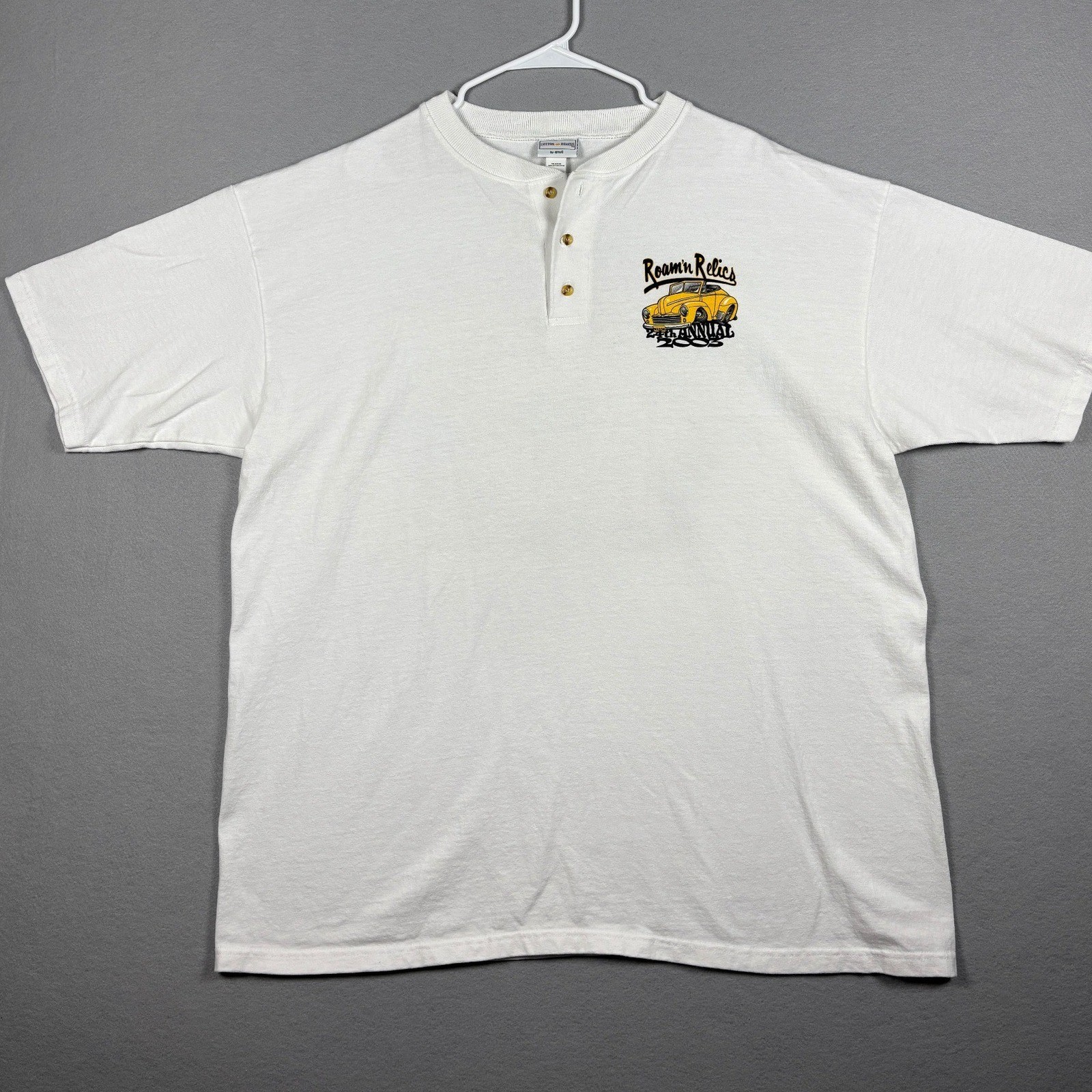 Anvil Roam’n Relics 2003 Car Show Henley Graphic T-Shirt 2X White Vintage Y2k
