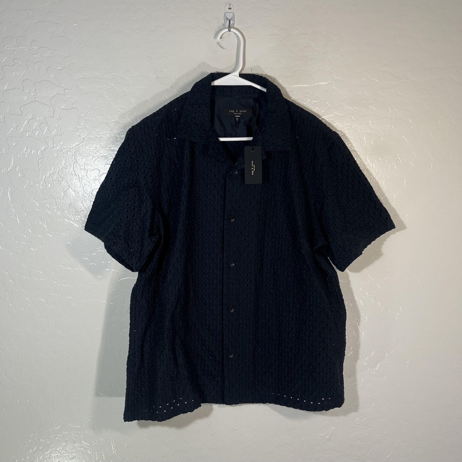 Rag & Bone Shirt Mens Large Blue Lace Short Sleeve Button Up Eyelet Geometric