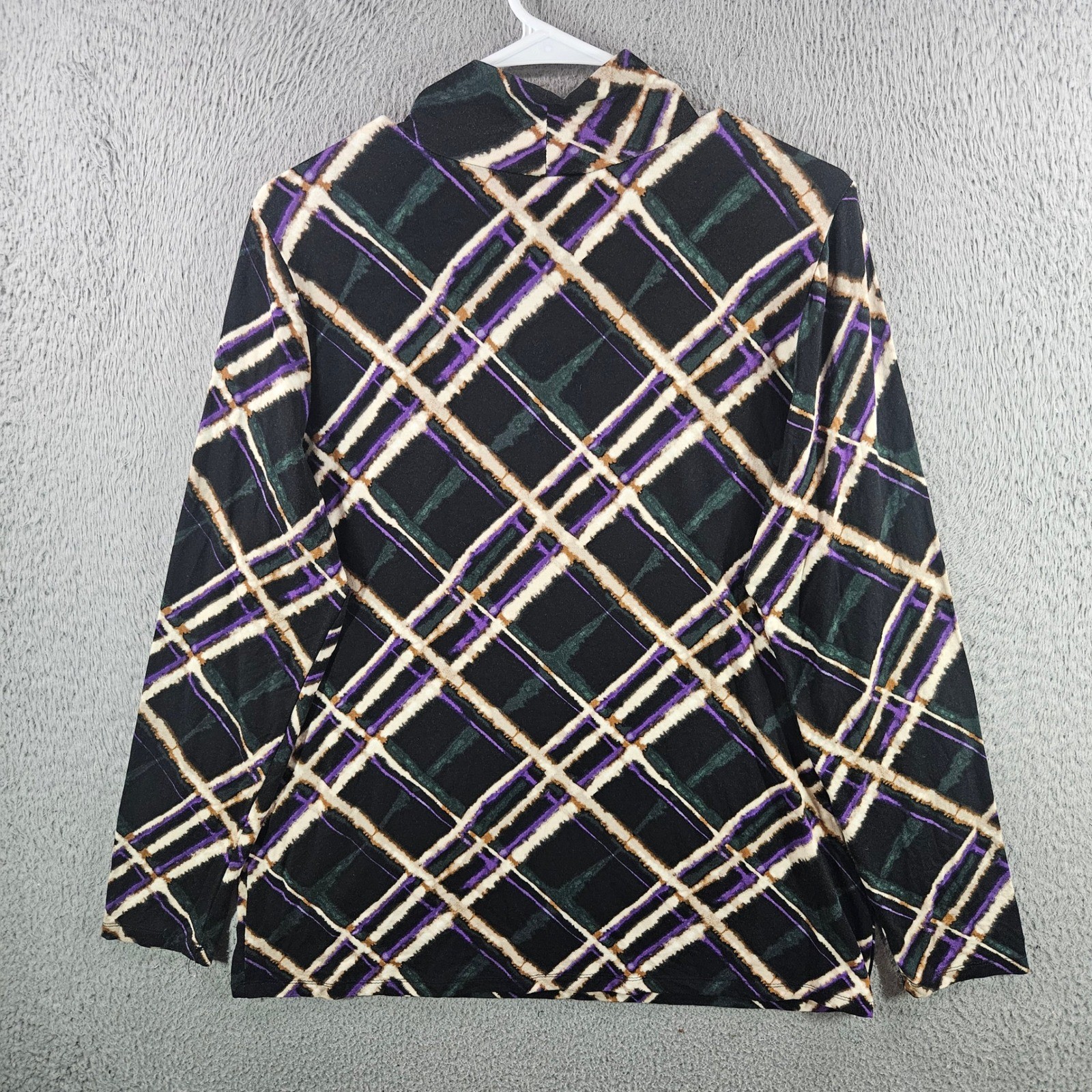 Chicos Womens Mock Neck Top Size 2 Large Black Purple Plaid Long Sleeve Rayon