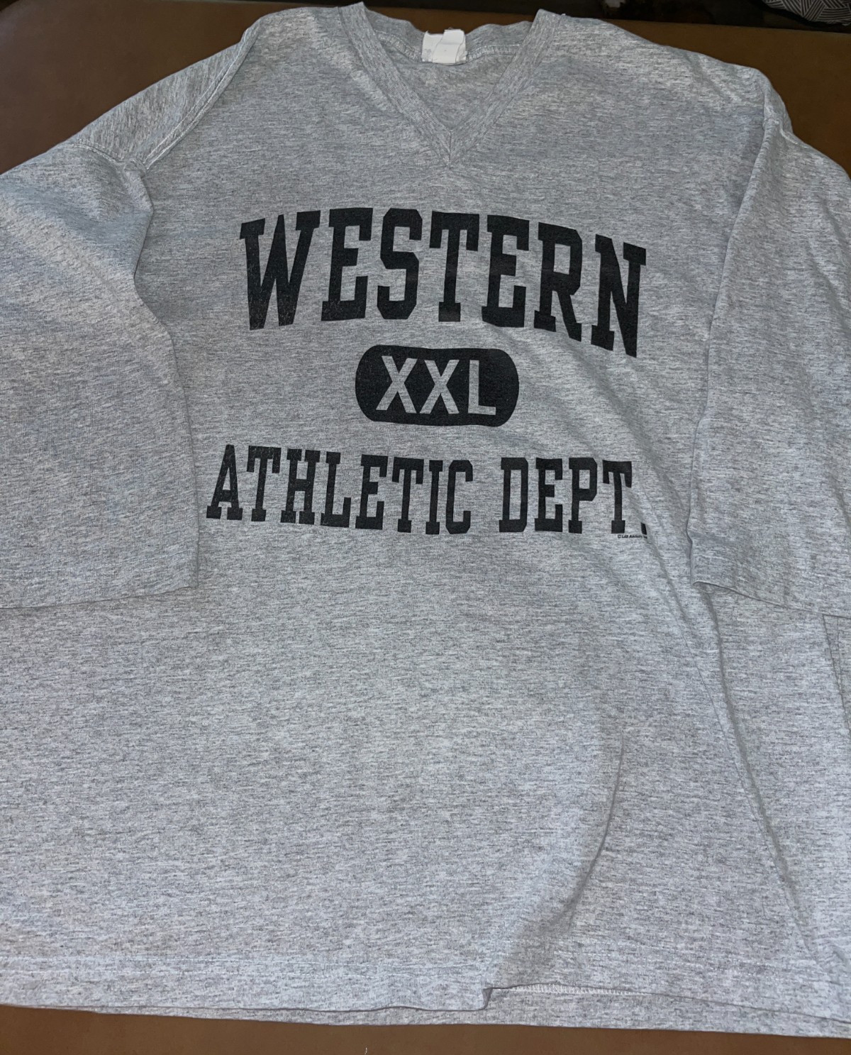 VINTAGE WESTERN XXL ATHLETIC DEPT. HALF SLEEVE T-SHIRT Grey V-Neck College WIU