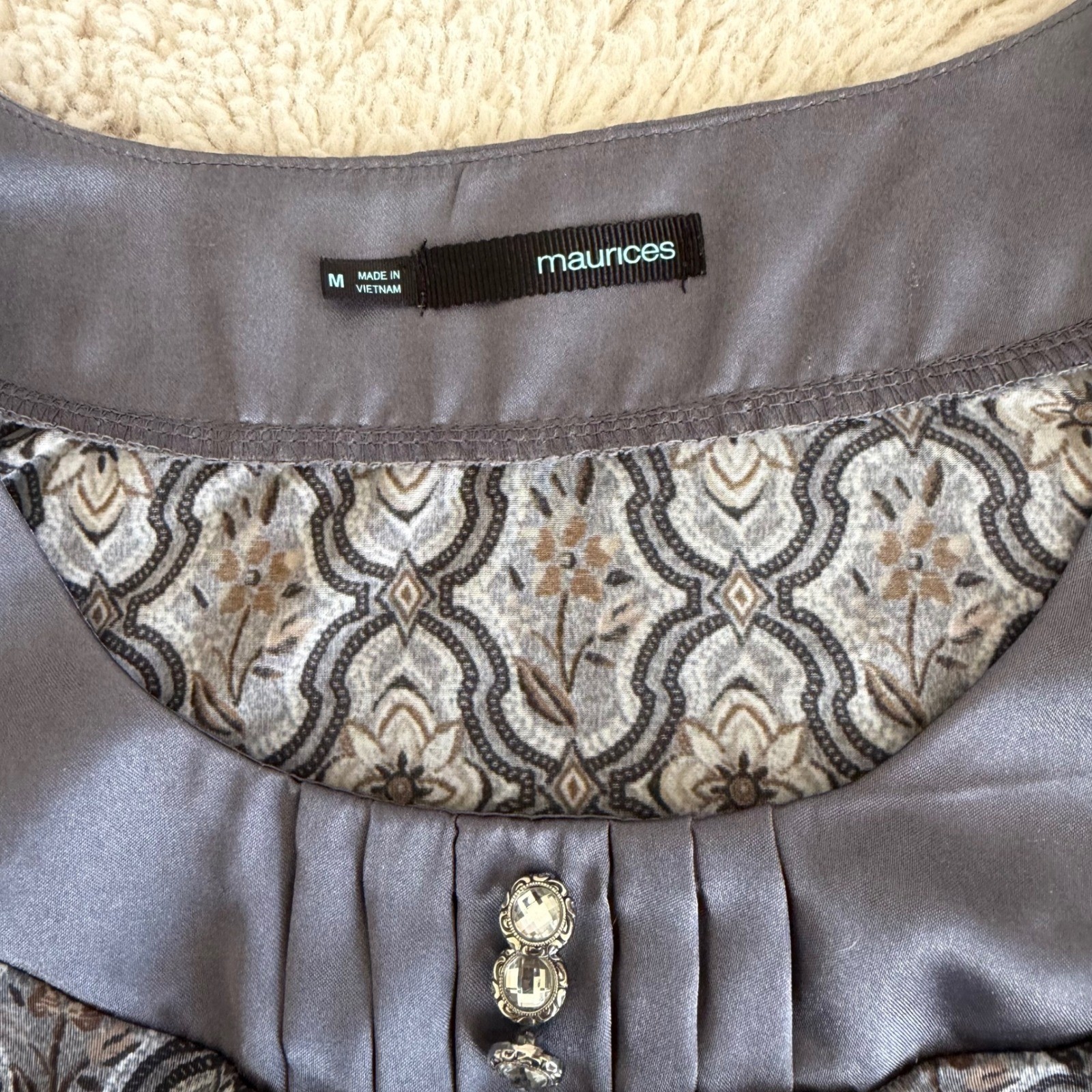 Whimsy Twee Boho Gray Funky Pattern Cap Sleeve Blouse Top Rhinestones 2000s Cute