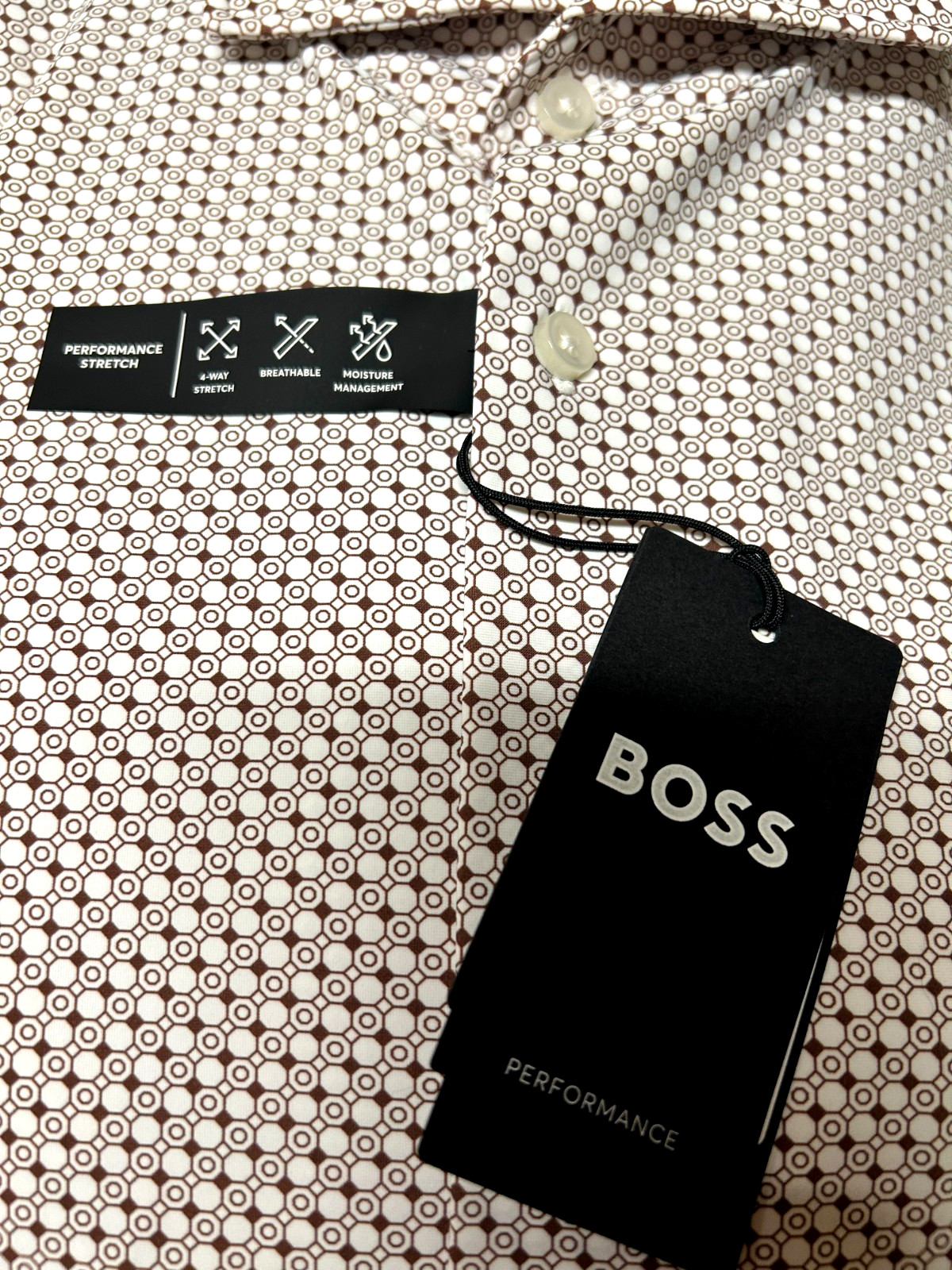 Hugo Boss Max Sharp Fit Performance Dress Shirt 16.5 32/33 Brown Geo $149 NWT