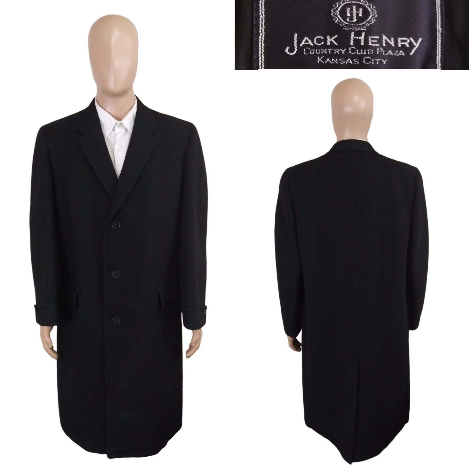 Vintage 1950s Jack Henry Kansas Black Wool Tweed Overcoat Size 44