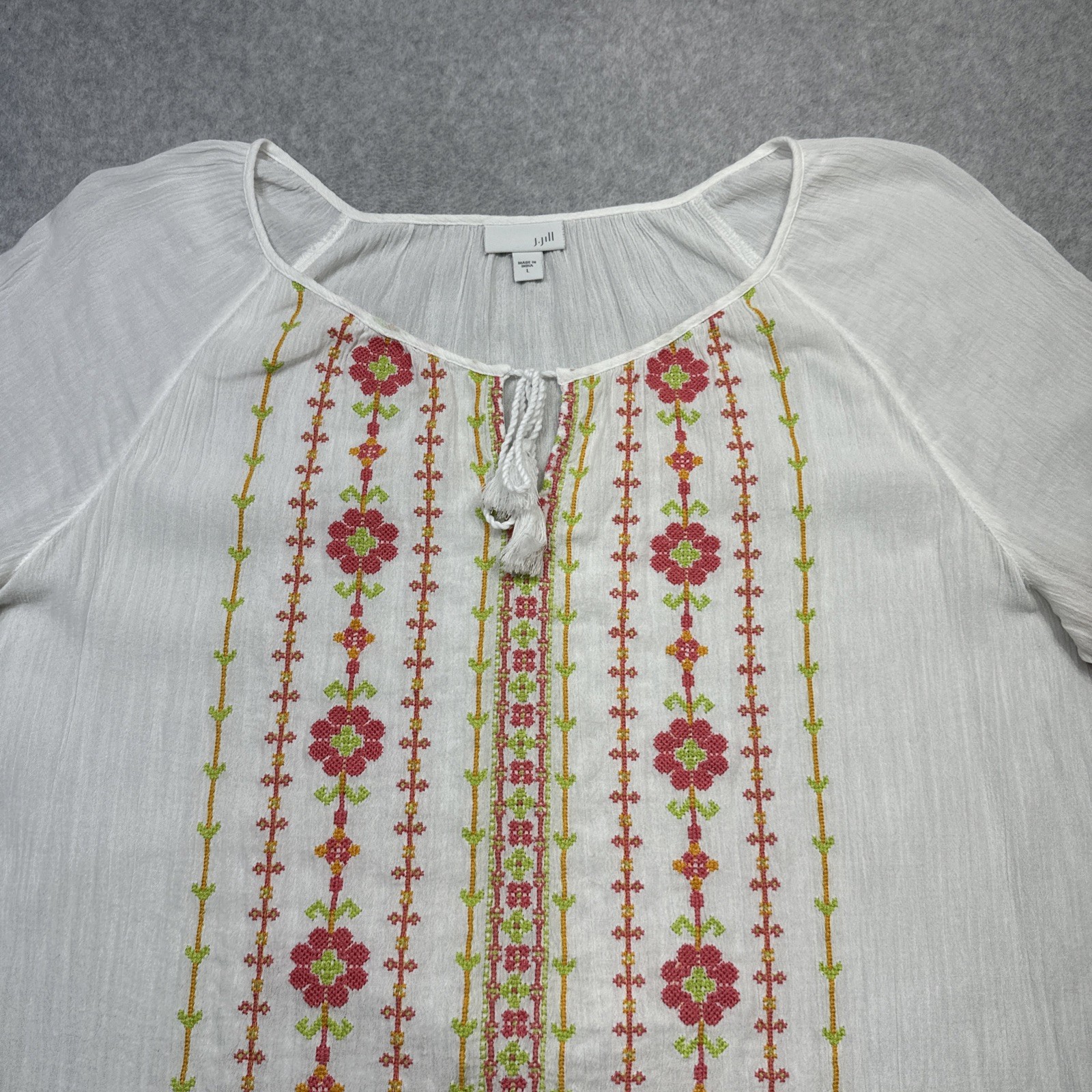 J Jill Top Large White Embroidered Gauze Beach Casual Cottagecore Boho Peasant