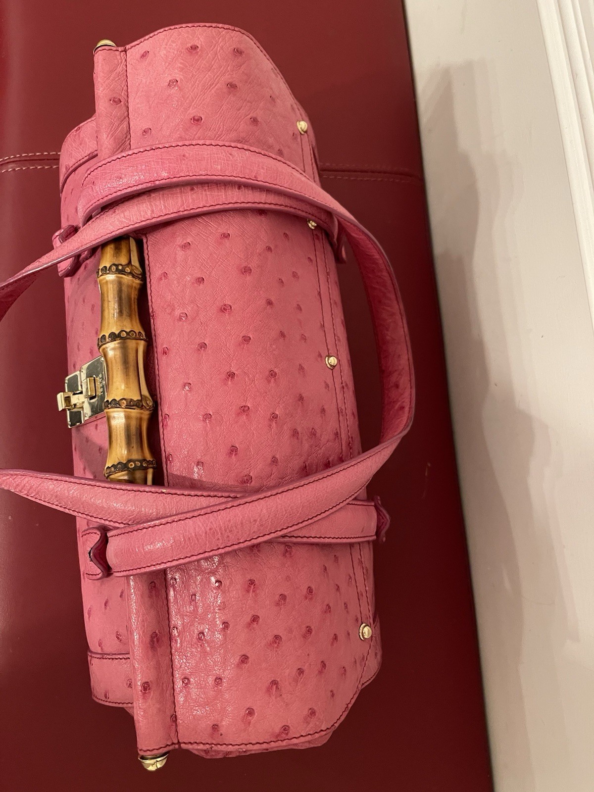 Gucci Ostrich Bullet Bamboo Gold Hardware Turn Lock Closure with Tag