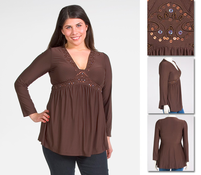 NEW Zaftique BEADED EMPIRE Top COFFEE Brown 0Z 1Z 5Z / 14 16 / Large L XL 1X 5X
