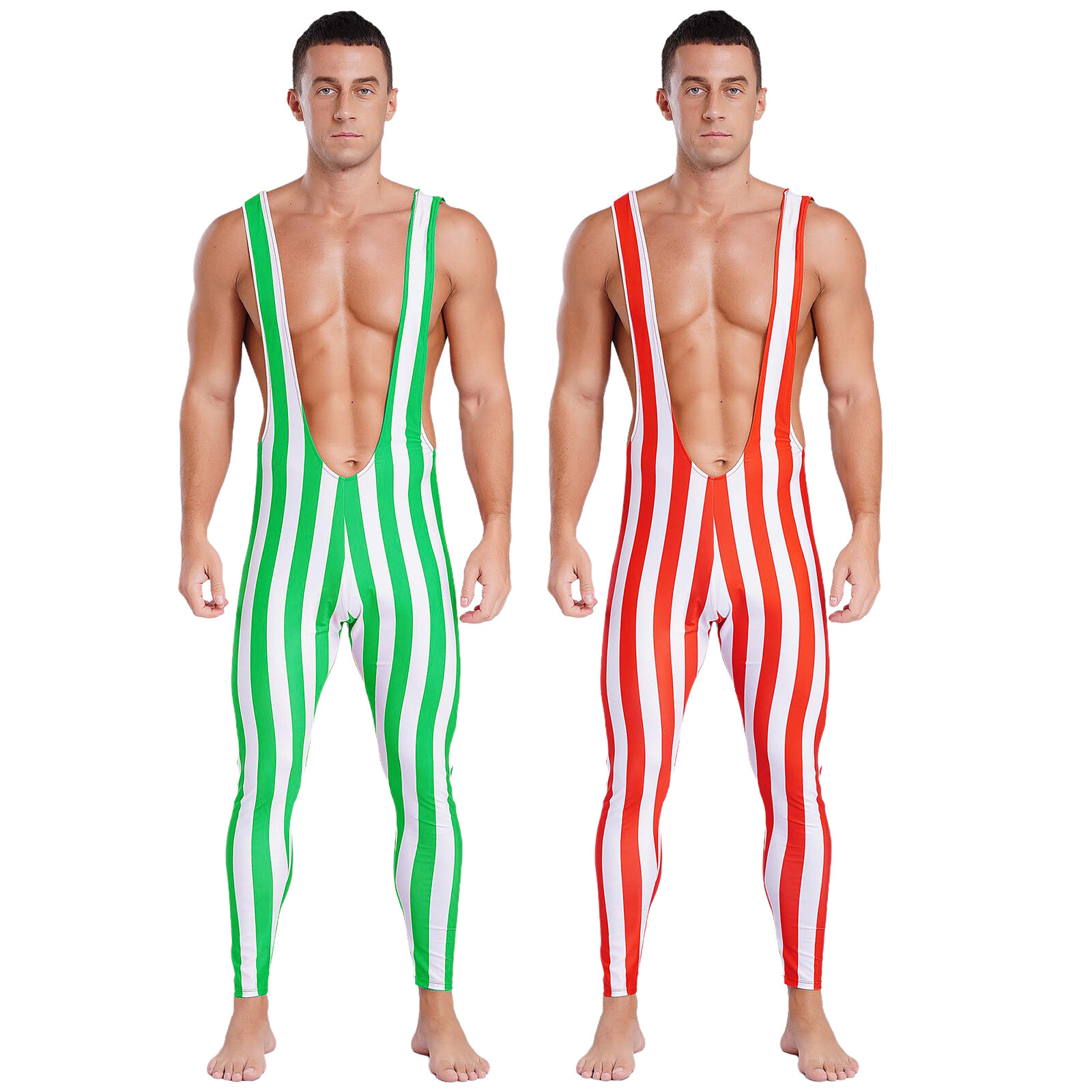 Mens Jumpsuit Deep U Neck Bodysuit Breathable Rompers Striped Costume One Piece