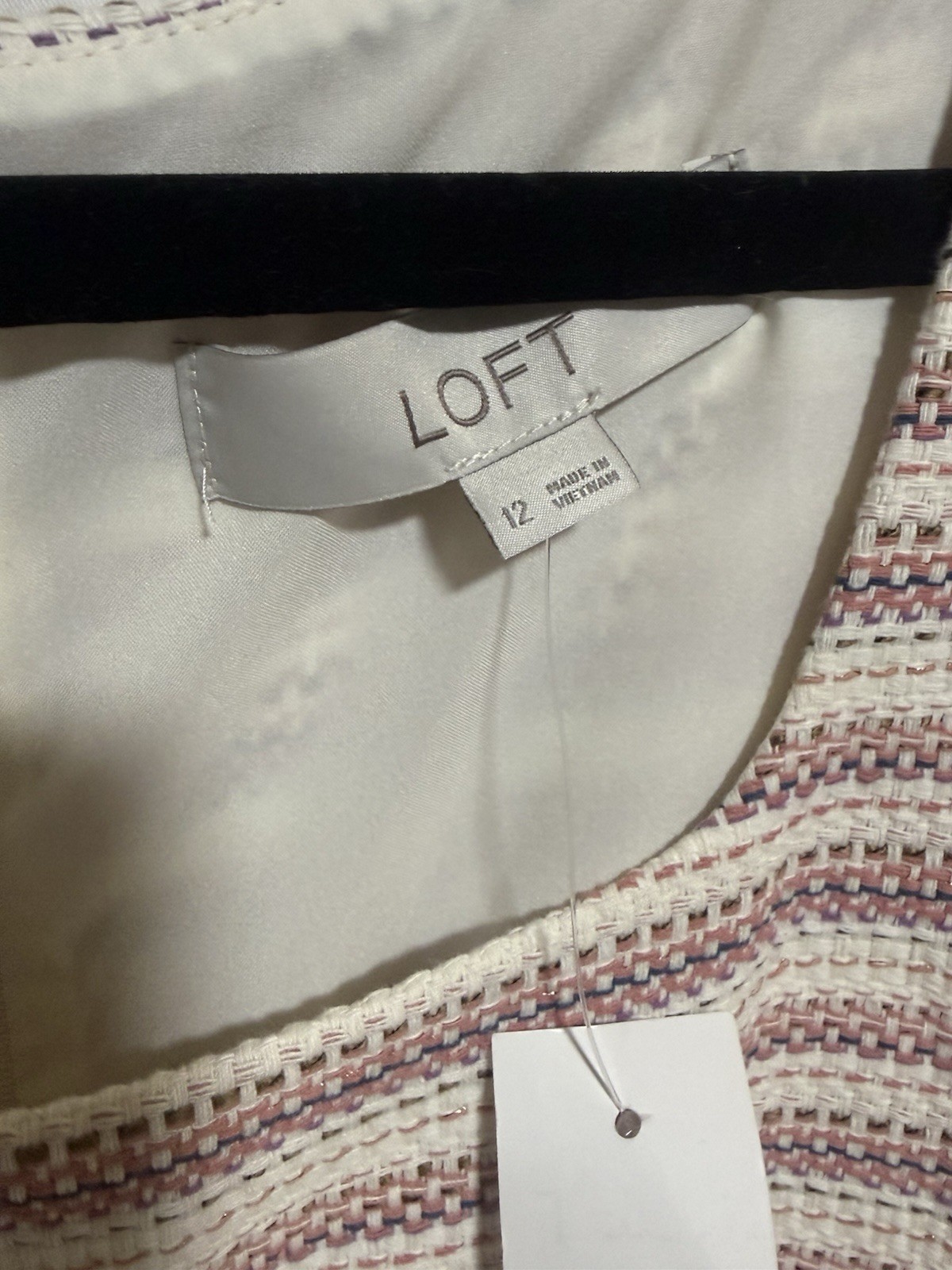 LOFT Ivory Pink Blue Striped Tweed Sheath Dress Square Neck Pockets Zip 12