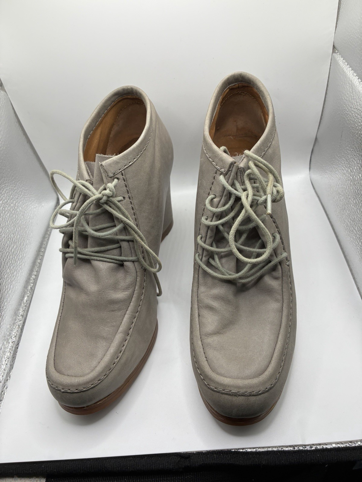 Zara Taupe Lace Up Wedge Ankle Boots Women’s Size 38 US 7.5 Moc Toe Hidden Wedge