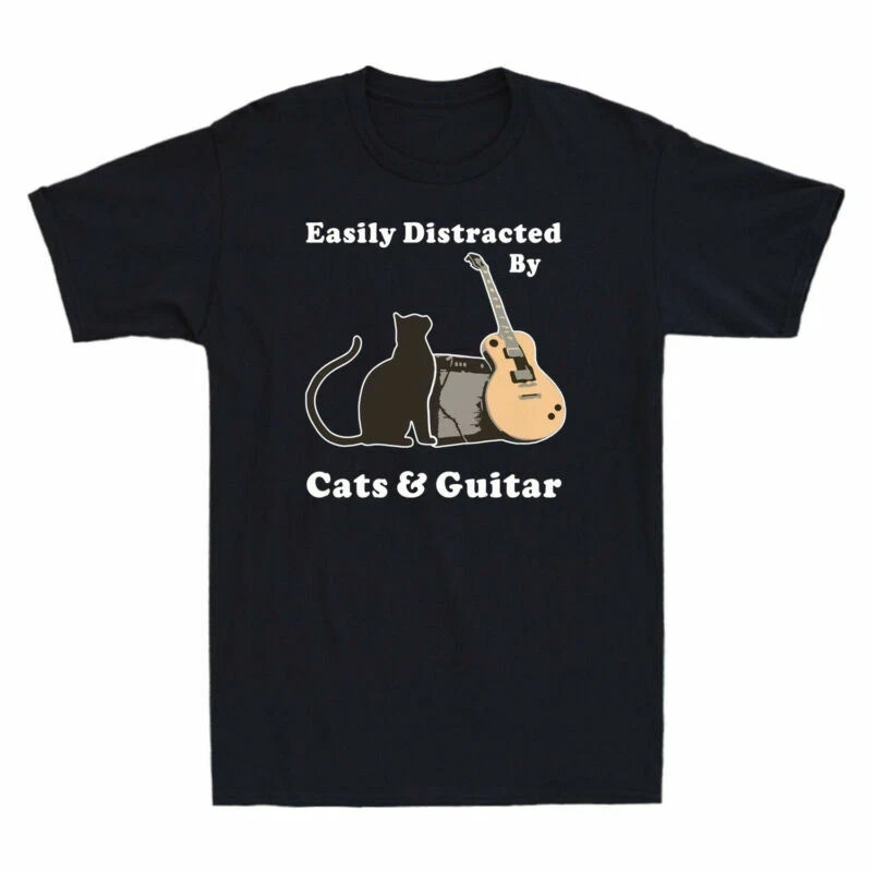 By Shirt Novelty Funny Tee Cats and Black Distracted Easily Guitar Cat SU13