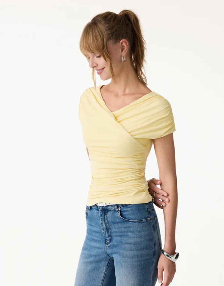 Oglmove SkinKiss Surplice V-Neck Ruching Bra Top, Butter Yellow Color, New