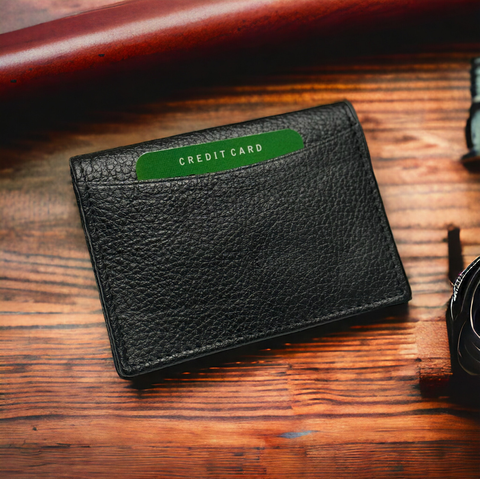 Leatherboss Leather Card Case Wallet with expandable pocket and snap closure