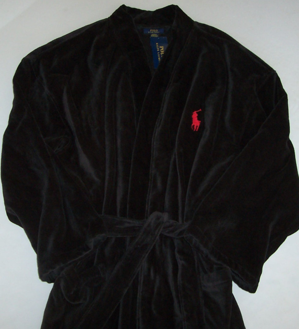 NWT Polo Ralph Lauren SOLID BLACK Cotton Velour 48″ Robe Men’s L/XL RED PONY