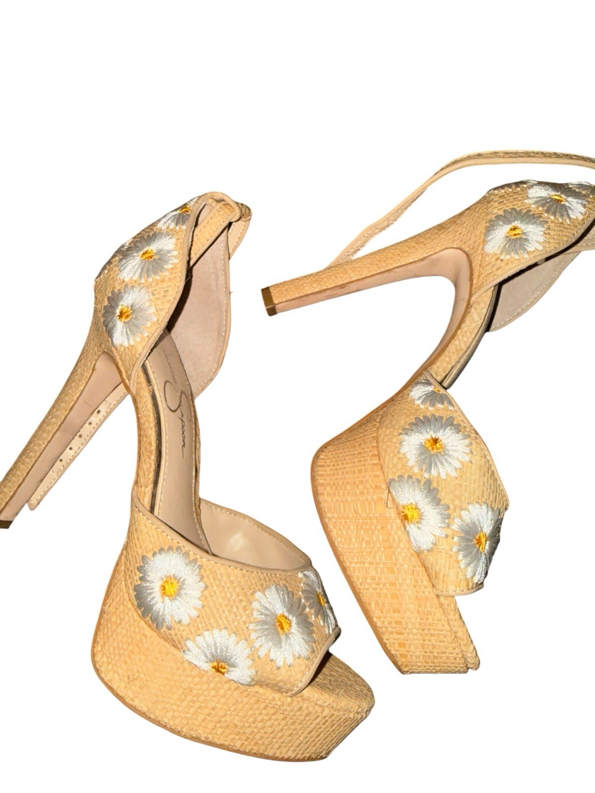 Jessica Simpson Daisy Embroidered Wedge Heels size 7- Tan Summer Platform