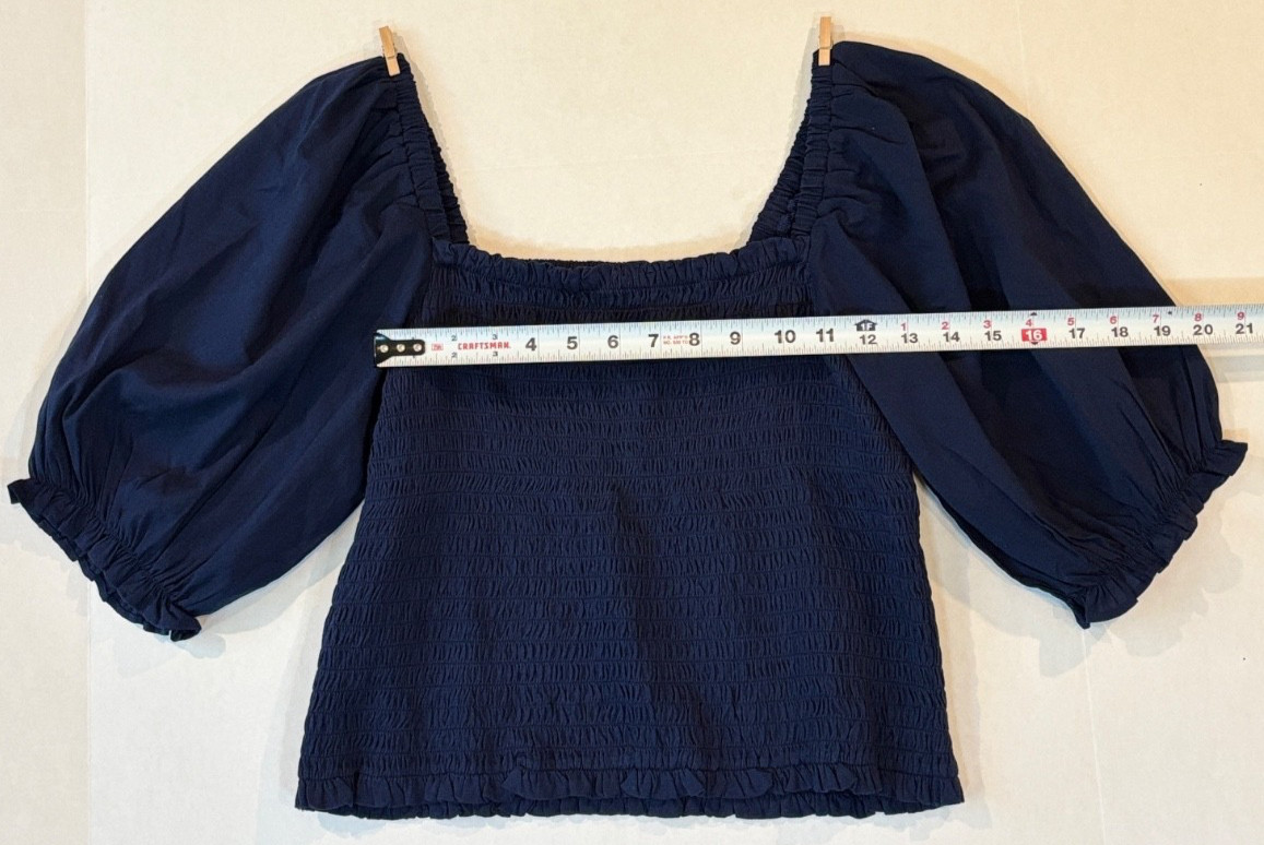 LOFT Navy Blue Smocked Puff Sleeve Blouse Women’s Large L Peplum Square Neck Top