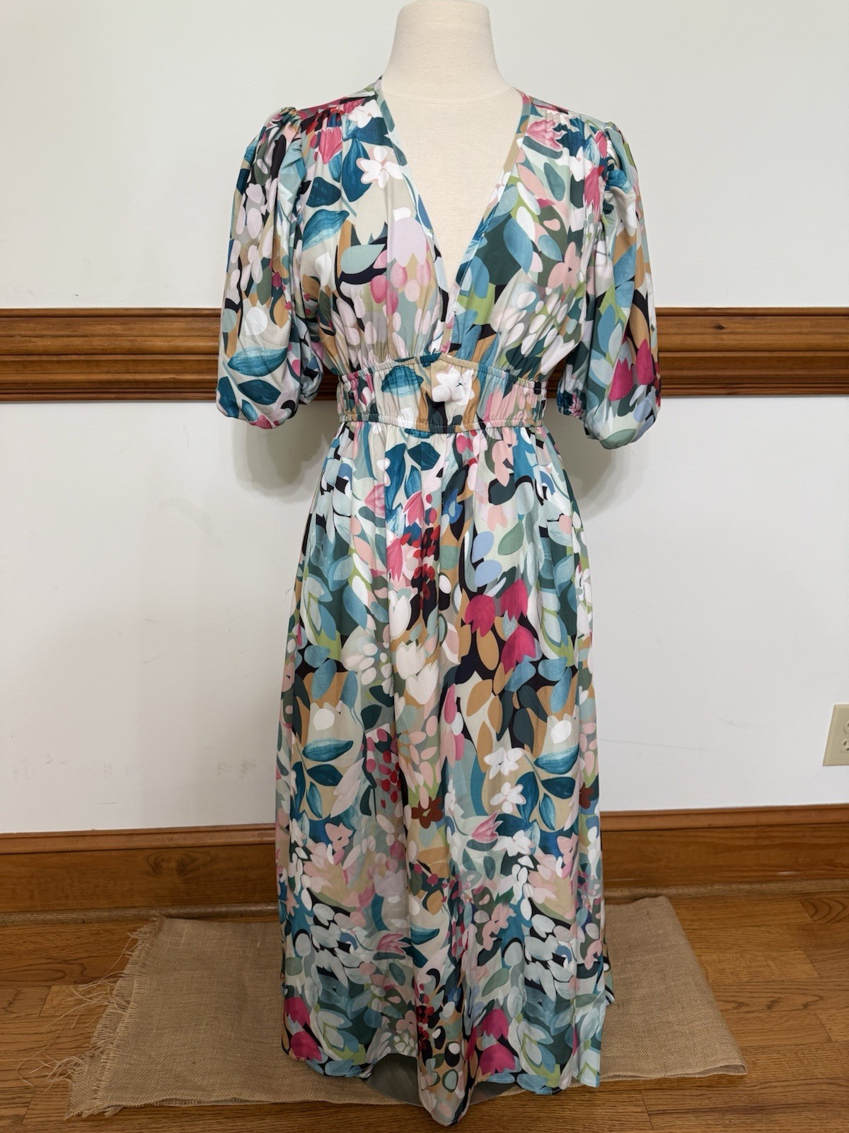 Sissyaki M Multicolor Floral Chiffon Maxi Dress V-Neck Puff 3/4 Smocked
