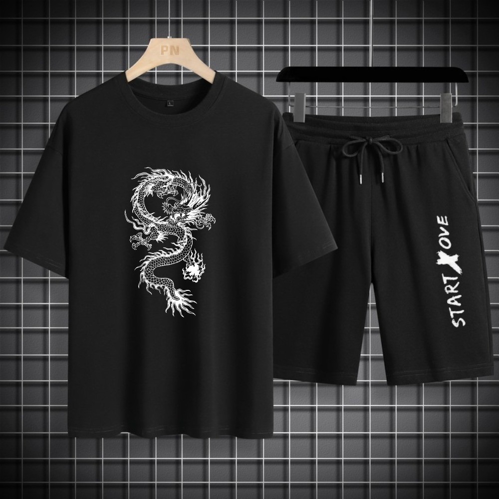 Mens Beach Set Oversized Shirt Short Pants Summer Suit Sports Suit Dragon