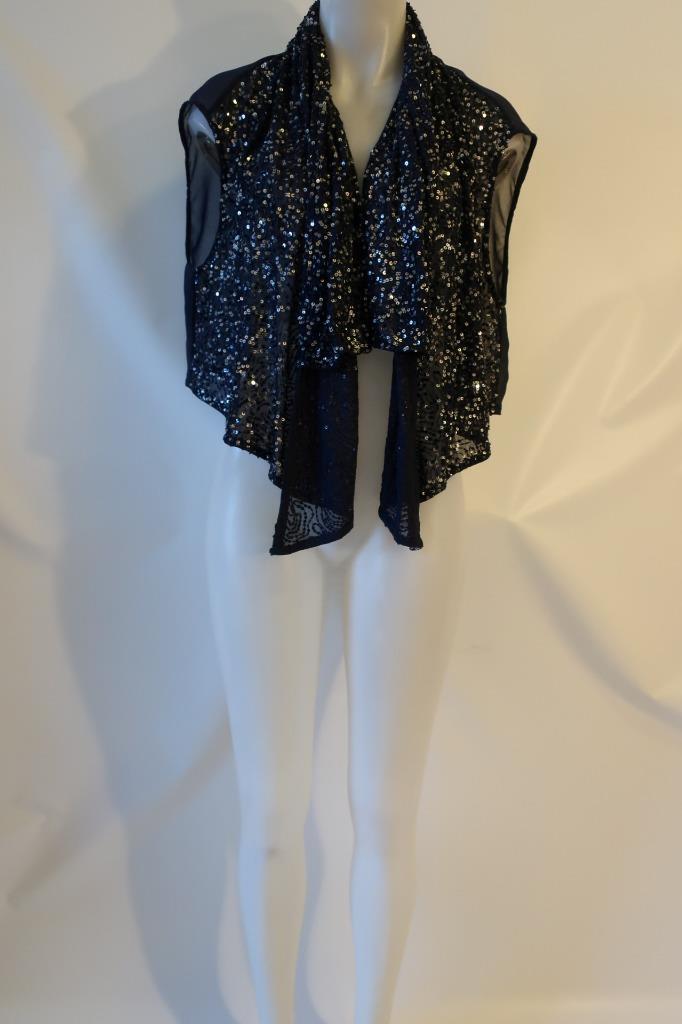 Womens Gold Hawk Blue Sequined Semi-Sheer Open Evening Shrug Jacket Top L *