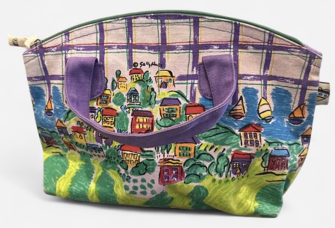 Sally Huss Colorful Village Houses Tote Purse Zip Top Art Bag