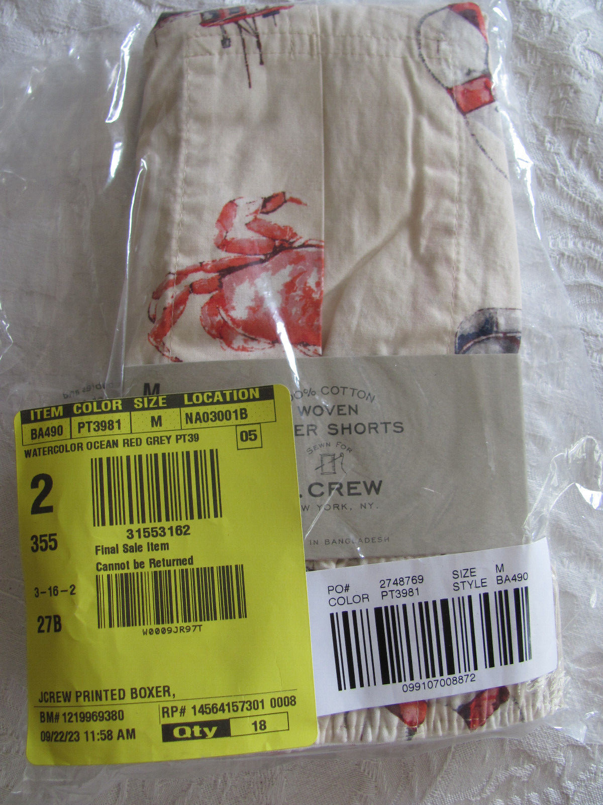 J Crew Boxers Watercolor Ocean-Crabs, Boats-Natural-Woven Cotton-Men’s M (32-34)