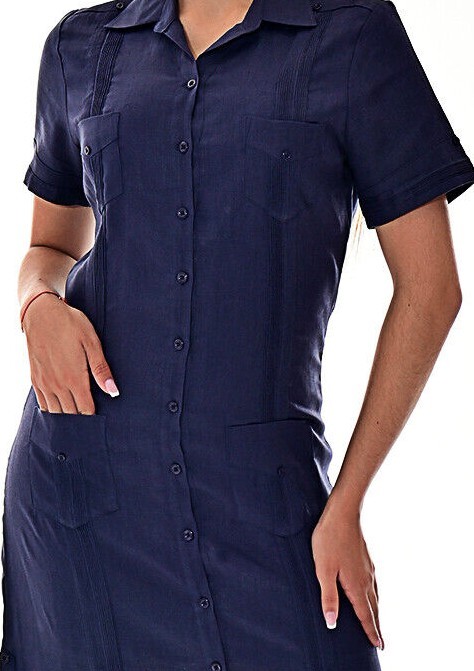 Ladies NAVY 100% Soft Linen Traditional (4) Pocket Guayabera Dress – LLGD3010