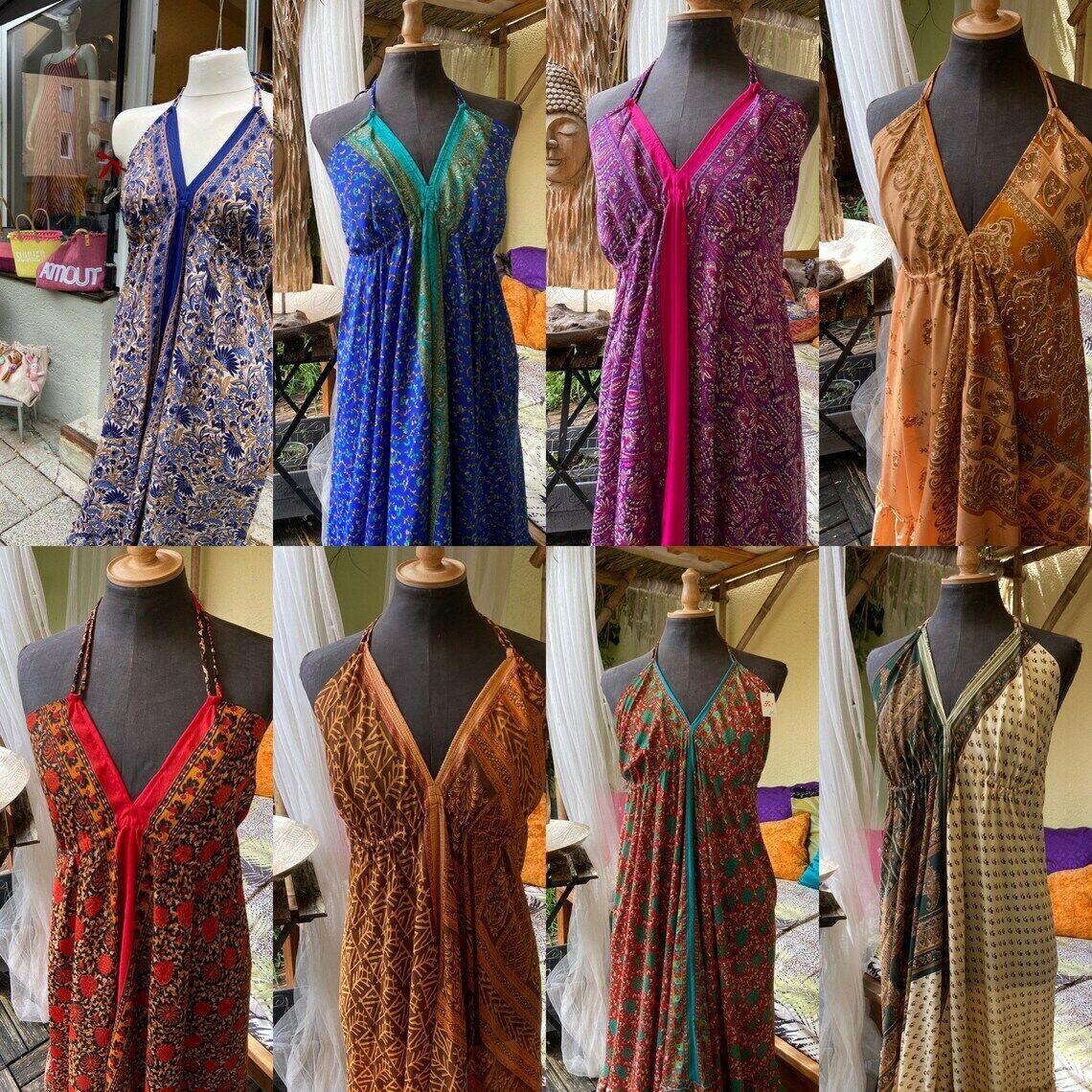 Pack of 1 PCs Vintage Silk Sari Dress Helter dress Multicolor Bohemian Gypsy