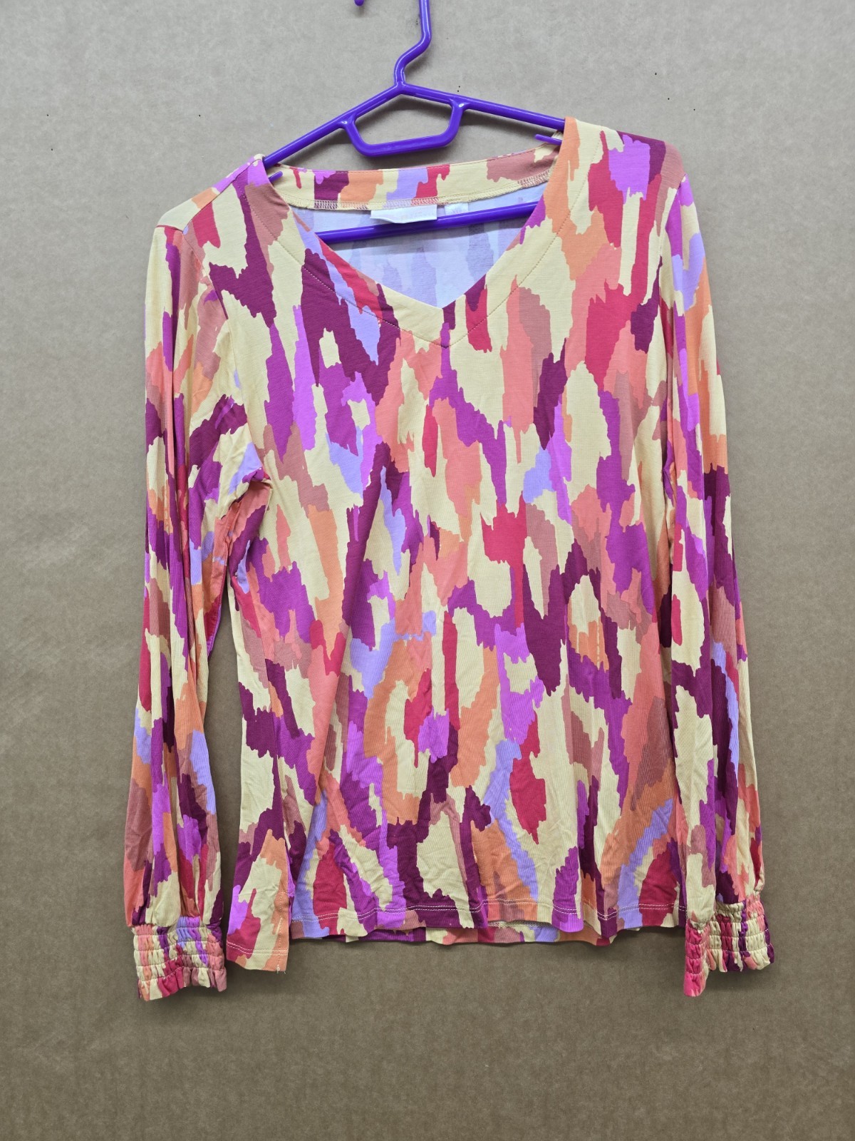 Belle by Kim Gravel Multicolor Abstract V-Neck Long Sleeve Stretch Knit Top XXS