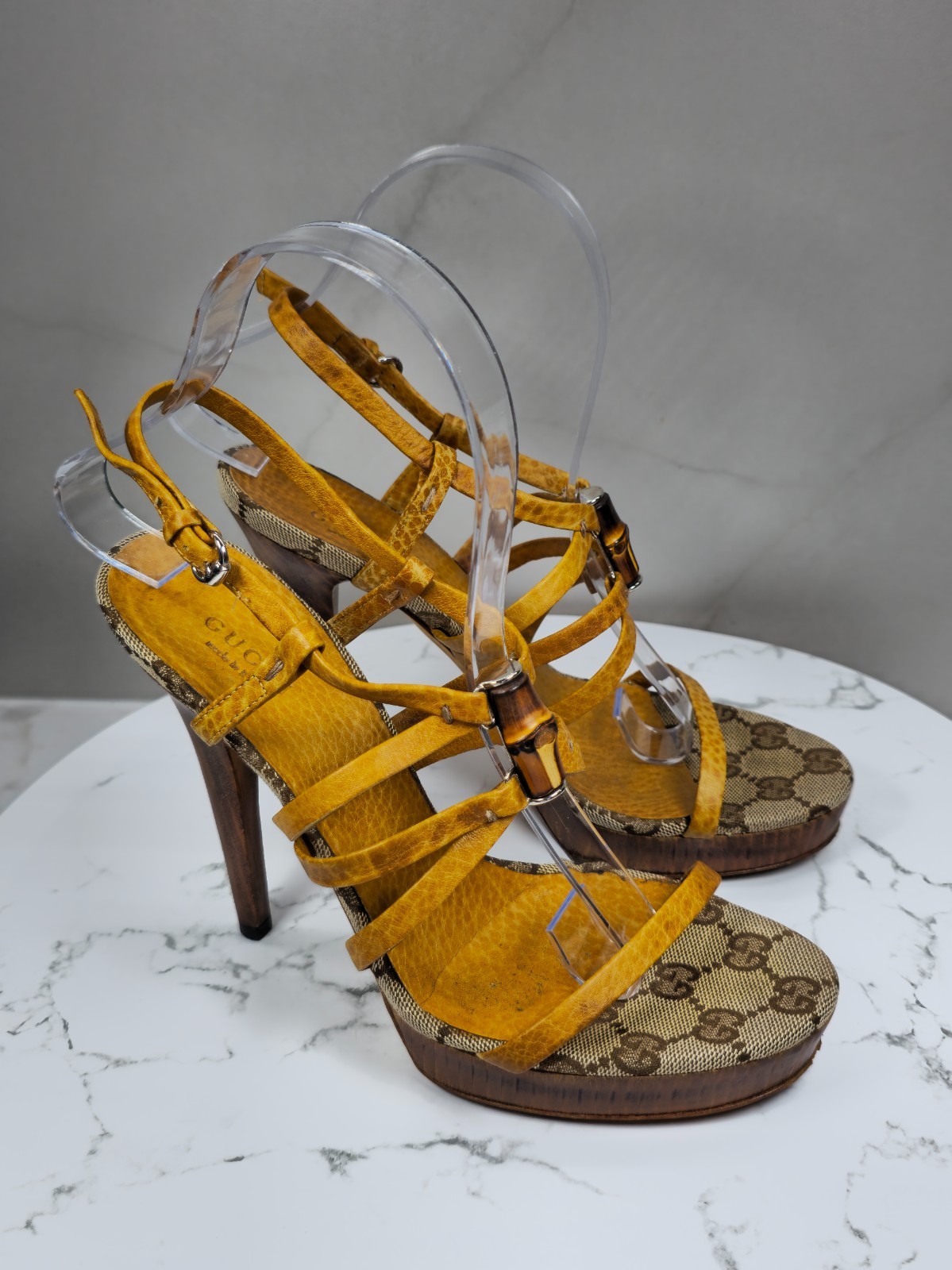 Gucci Women’s Platform Sandals GG Monogram Bamboo Accent Leather EU 36