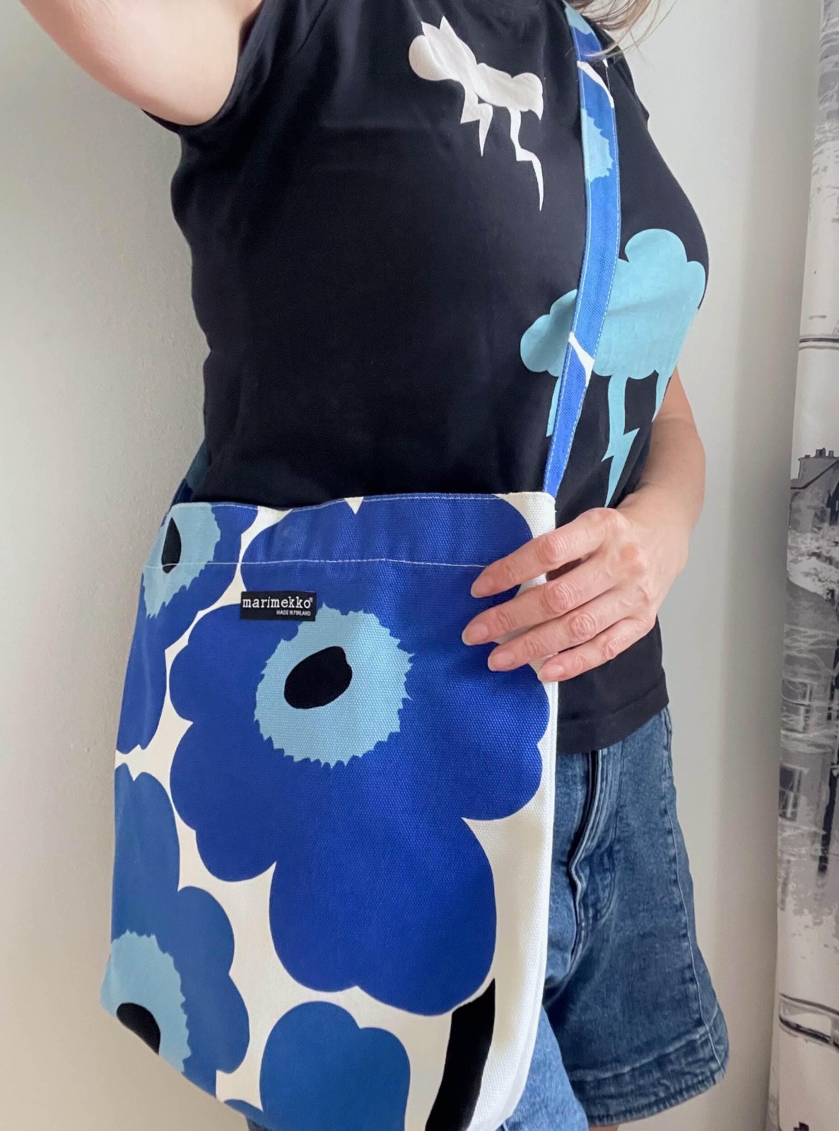 Blue MARIMEKKO Unikko Vintage Canvas Shoulder Bag, Floral Poppy Crossbody bag