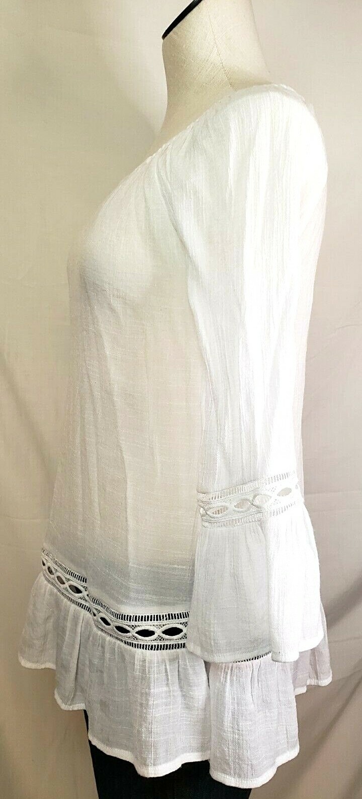 BYdesign Blouse Top 3/4 Sleeve Ruffle Eyelet Crinkled Beachy Boho Peasant size S