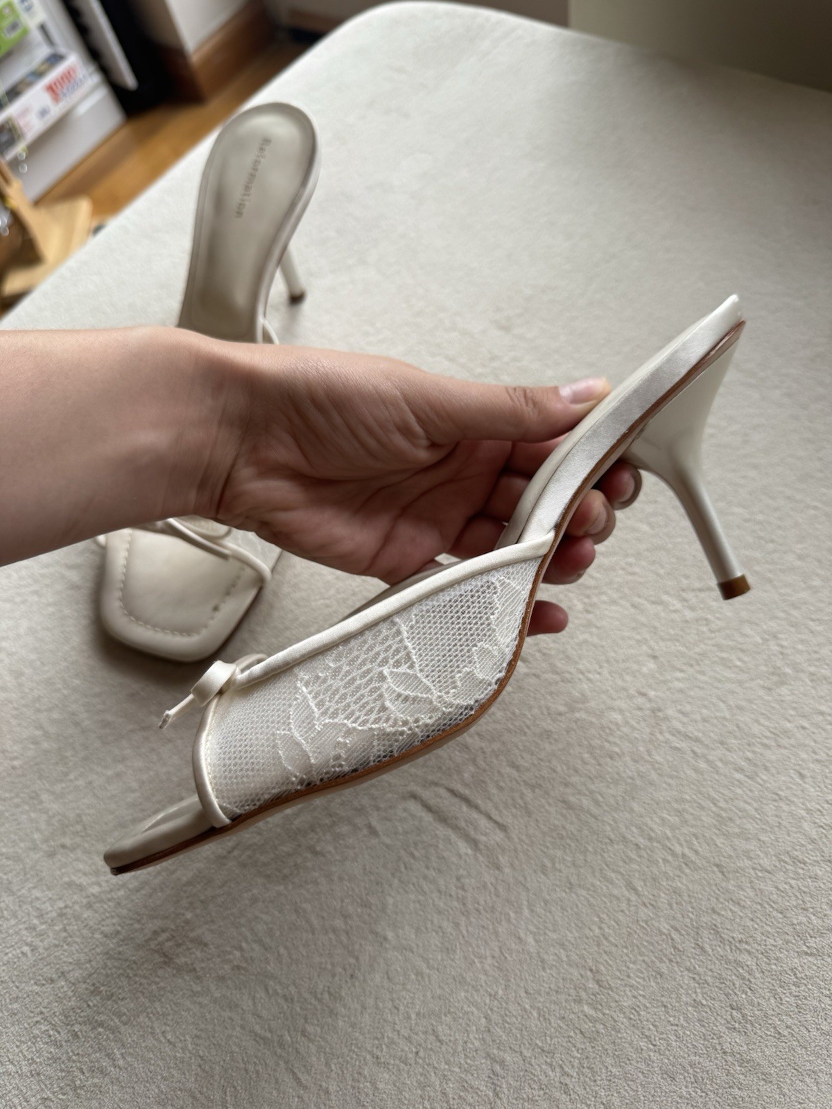 Reformation White Silk Lace Kitten Heels