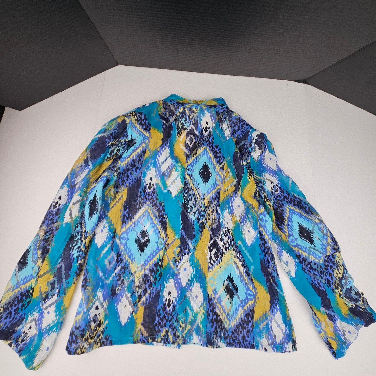 Ruby Rd Favorites Womens 12 Blue Yellow Ikat Geometric Boho Artsy Blouse Top