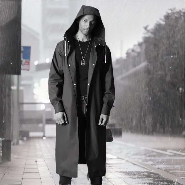 Men Black Waterproof Long Raincoat Hooded Trench Jacket Outdoor Hiking Rain Coat